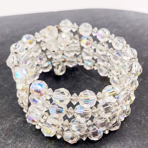 VINTAGE Four-strand clear AB beaded memory wire bracelet ~ 1950s 1960s jewelry - Picture 5 of 6